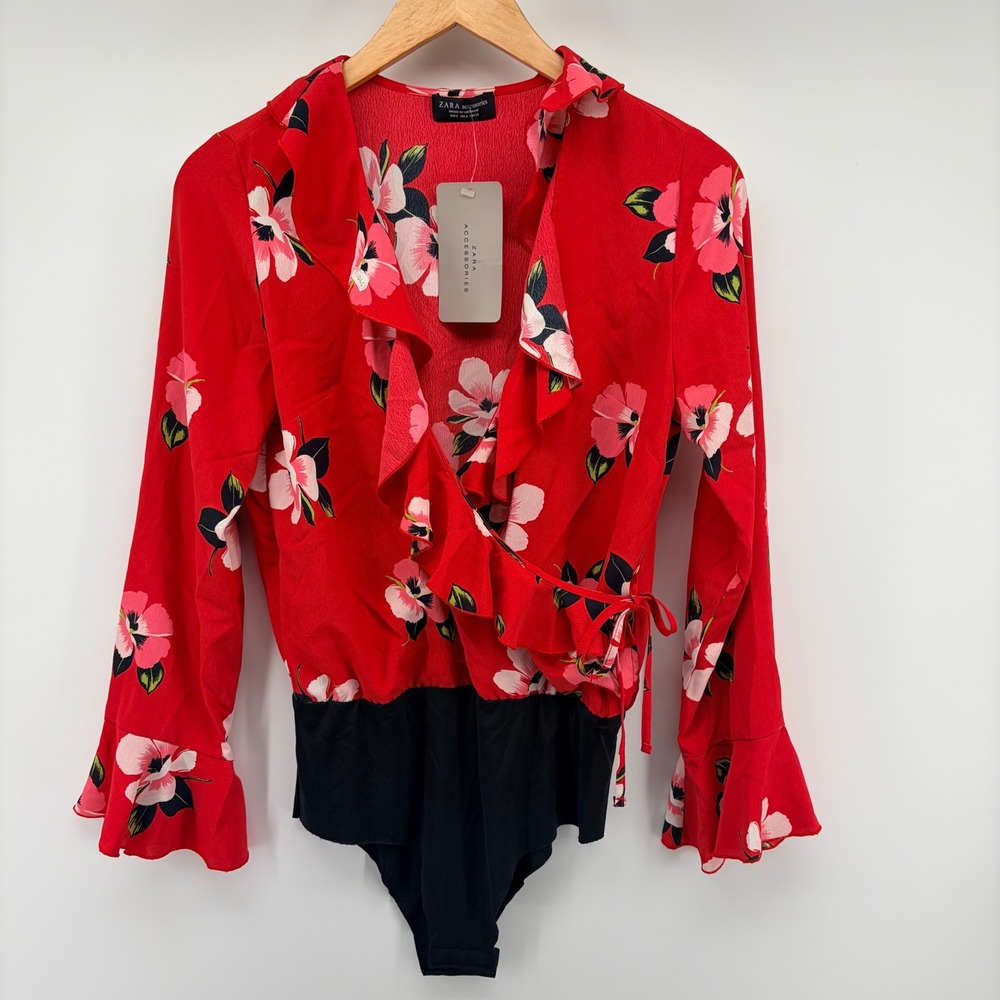 Zara Floral Wrap Bodysuit Ruffle V-Neck Bell Sleeve Red Pink Small NWT